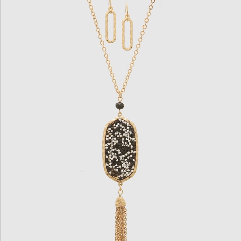Black and Gold Tassel Necklace and Earring Set